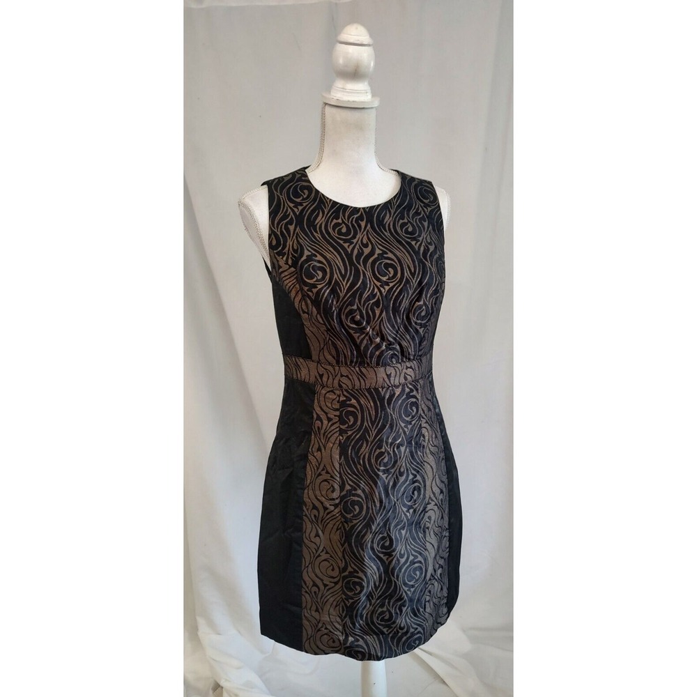 Nicole Miller Sheath Dress Black & Gold Jacquard Brocade Keyhole Open Back Sz 8 - Picture 4 of 7